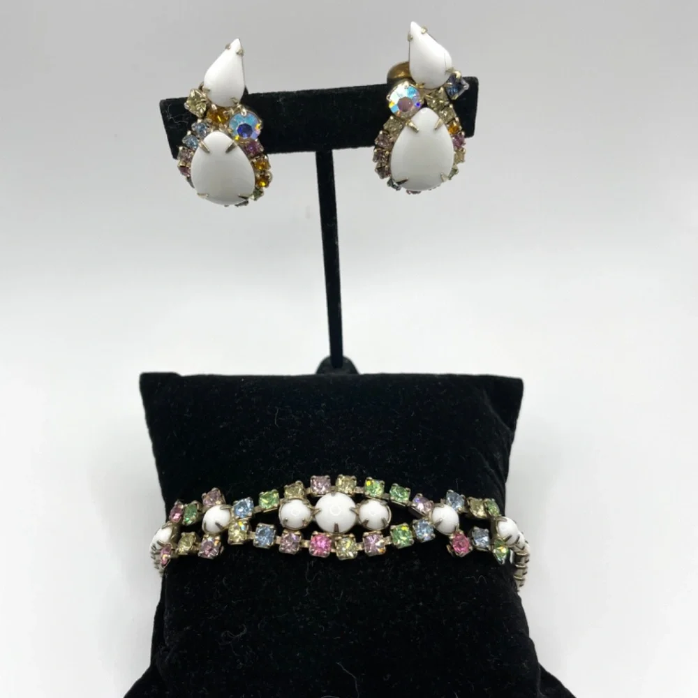Vintage Milk Glass Pastel Rhinestone Bracelet Clip-on Earrings Set